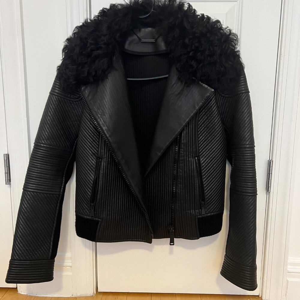Elie Tahari Black Quilted Leather Bomber Jacket with Shearling Collar